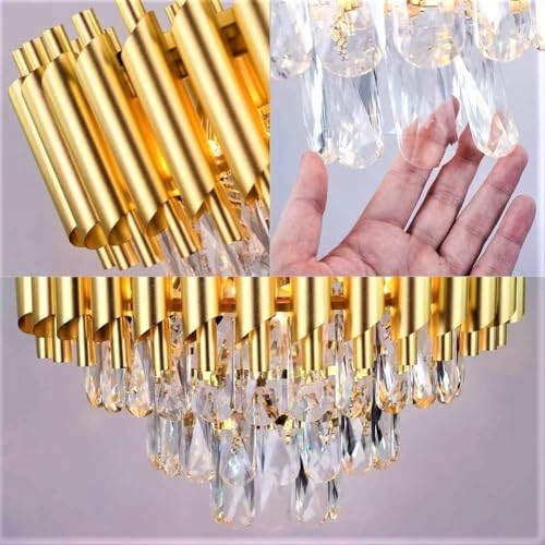 Image of RD.Enterprises|| Modern Crystal 3-Tier Gold Chandeliers | Bluetooth Remote Control and Speaker, Colour Changing | Moving Round | Ceiling Light Fixture for Living Room (Remote Full Gold, 400MM)