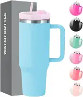 Copo Térmico com Tampa 1200 Ml Caneca Garrafa Térmica Com Canudo - Inox Parede Dupla (Azul Celeste)