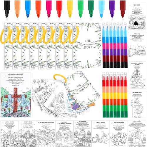 Tellingyou 30 Set Easter Christian Coloring Books Bulk for Kids Mini Religious Bible Resurrection Story Coloring Book with Stacking Rainbow Crayons Easter DIY Crafts Sunday School Classroom Activity