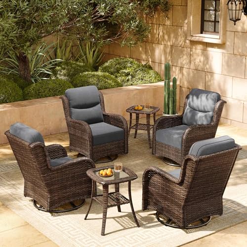 HILLGA Luxury Patio Furniture Set with 6-inch Thick Cushion, Outdoor High Back Swivel Rocker Patio Chairs, 6PCS Wicker Conversation Set for Deck Yard and Poolside, Dark Grey (V2)