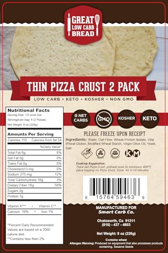 Great Low Carb Thin Pizza Crust 2 Pack 8 oz . 1 Bag