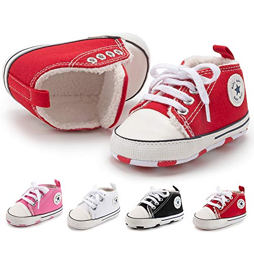 BiBeGoi Baskets en toile à lacets pour bébés garçons et filles avec semelle souple - Noir - A01 rouge avec polaire., 6-12 mois Cover