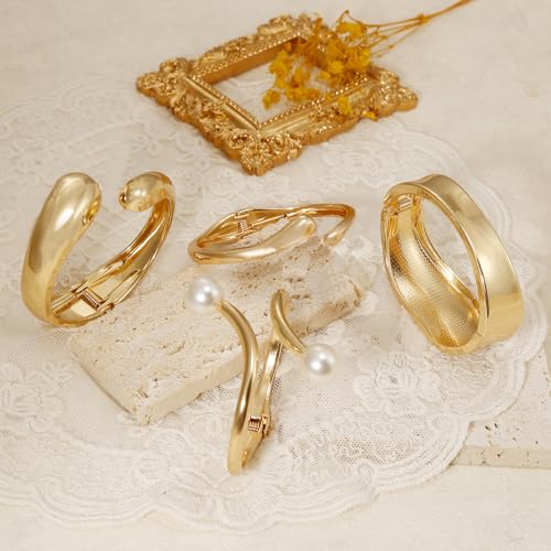 BROCC 2-4PCS Gold Plated Cuff Bangle Bracelets for Women Trendy Hinged style Adjustable Cuff Bangle Bracelet Wrist Wrap Irregular Minimalist Jewelry Set4