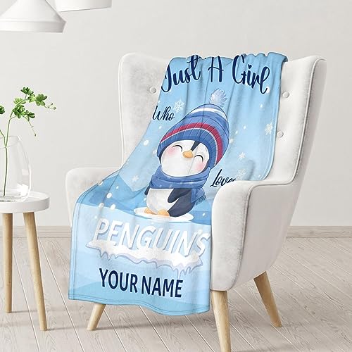 Custom Penguin Blankets with Name - Soft Warm Blanket Throw for Kids, Adults - 50"x60" Flannel Blankets for Bed, Couch, Sofa - Blue Cute Blanket Gifts