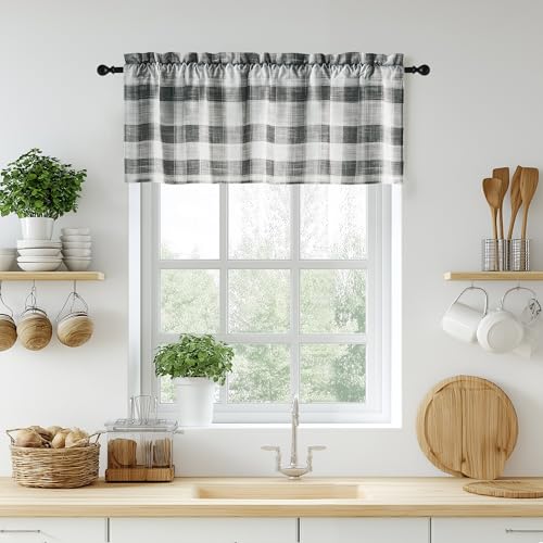 NICETOWN Buffalo Check Plaid Linen Window Valances White and Black Farmhouse Design Window Treatment Decor Rod Pocket Small Curtains for Kitchen/Livin