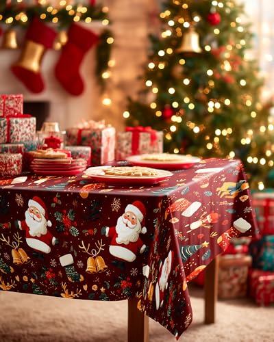 Image of Pureegg Plastic Table Cloth Disposable 8 Pack, 54 x 108 Inch Rectangle Tablecloths, Sturdy Leakproof Plastic Covers for Party, Picnic, Wedding, Winter & Xmas Decoration, Christmas Red