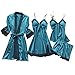 Ensemble de pyjama sexy pour femme - Printemps et été - En satin de soie - Robe en dentelle avec bretelles - Ensemble de 4 pièces - En soie - Pour la maison - Décontracté - Bleu - M