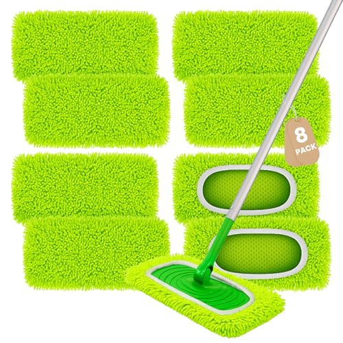 8 Pack Chenille Mop Refill Pads Reusable Microfiber Mop Pads for 1012 Flat Mops Washable Dry& Wet Pads Refill for Hardwood Tile Compatible with Swiffer Sweeper