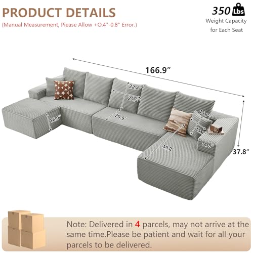 Image of Oversized Modular Sectional Sofa Couch, Large 6 Seater Corner Sofa Modern U Shaped Sectional Couch Cloud Couches for Living Room, Office, Spacious Space, Corduroy,No Assembly Required, Light Grey
