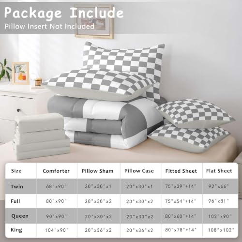Image of Checkered Retro Comforter Set Full Size 7 Pieces Grey Plaid Bedding Set for Kids Boys Girls Geometric Vintage Bed in a Bag Modern Simple Groovy Aesthetic Bedroom Decor All Season Quilted Lightweight