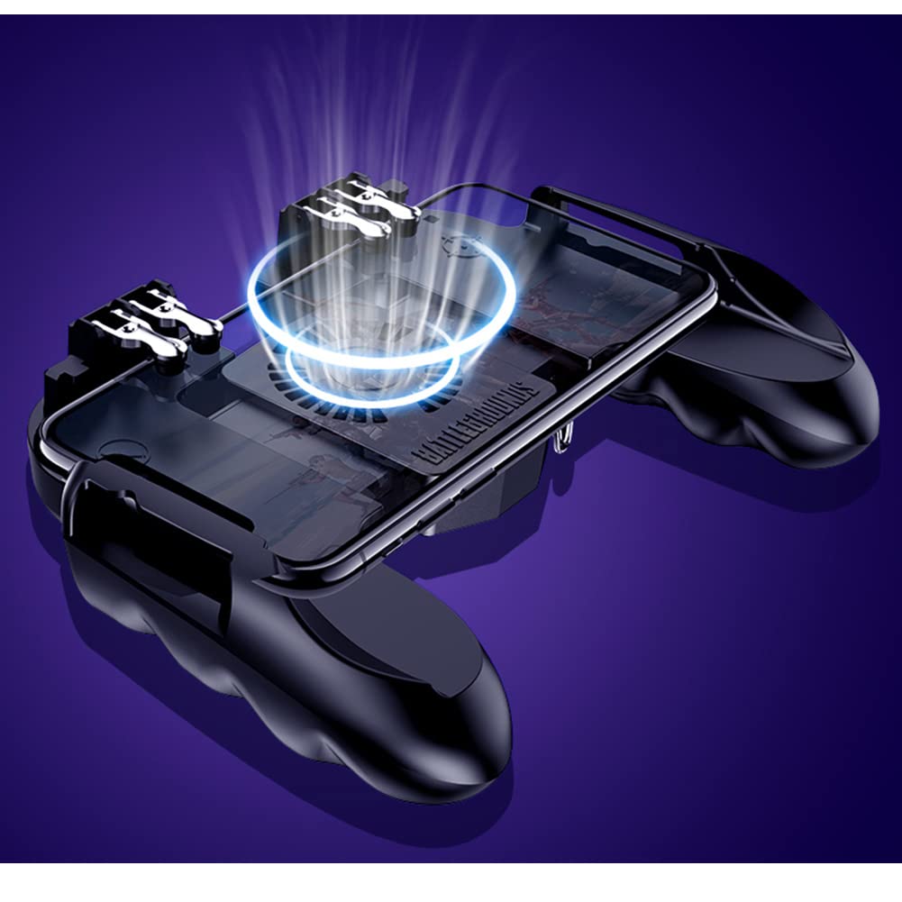 Manette Telephone avec Ventilateur, Contrôleur de Jeu Mobile Portable 6 Doigts Gamepad Joystick L1R1 L2R2 pour PUBG Android iOS iPhone Samsung Huawei Smartphone