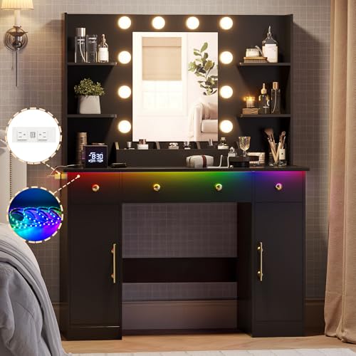 Image of Wodeer Makeup Vanity Desk with Mirror and Lights, 43 inch Black Vanity Set with 3 Drawers, Power Outlet & Adjustable RGB LED Lights, Dressing Table with Storage Shelf for Women & Girls Bedroom