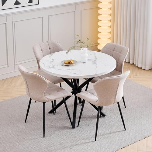 GrandCA HOME Ensemble Table et Chaises de Salle à Manger, 4 Chaises de Salle à Manger en Lin Kaki et Une Table Ronde Moderne de 100 cm, Convient pour la...