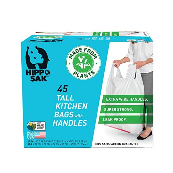Hippo Sak Plant Based Tall Kitchen Garbage Bags with Ergonomic Handles 13 Gallon Trash Bags