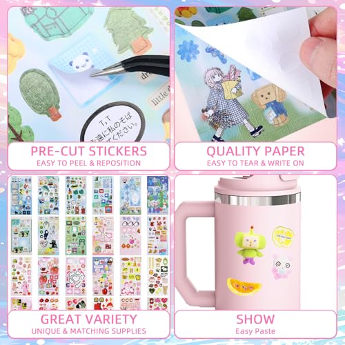Image of 800Pcs Cute Scrapbook Stickers Travel Y2k Japanese Sticker Book for Adult Kawaii Korean Stickers for Journaling Heisei Retro Aesthetic Sticker Manga Style Decor for DIY Junk Journal Gifts Pink Blue
