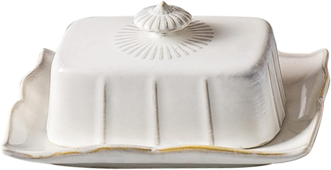 Elegant Ceramic Butter Dish with Lid Rectangular Covered Butter Plate for Kitchen Storage Microwave Refrigerator Safe Household Dessert Tray Vintage White Serving Tray for Home