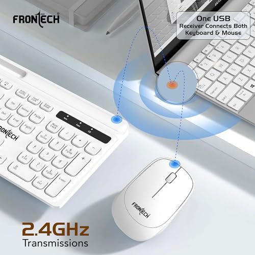 Frontech Wireless Keyboard & Mouse Combo Set | 2.4GHz USB Connectivity | 104 Keys | 3 Buttons | 1200 DPI Mouse | Compatible with PC/Laptop/Mac (KB-0030, White) Frontech Wireless Keyboard & Mouse Combo Set | 2.4GHz USB Connectivity | 104 Keys | 3 Buttons | 1200 DPI Mouse | Compatible with PC/Laptop/Mac (KB-0030, White)