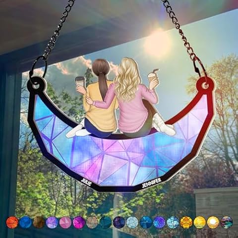 WANDER PRINTS Custom Birthday Gift for Best Friends, Sisters - Light Reflection Window Hanging Suncatcher Ornament, Personalized Names and Characters - Besties Friends Sitting On The Moon Cover