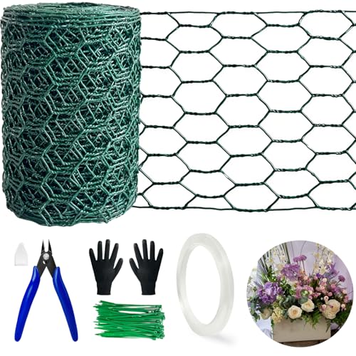 Floral Chicken Wire for Craft Kit 4 x 158 Lightweight Chicken Wire for Floral Arrangement Hexagonal Galvanized Chicken Wire Netting with Floral Tape Plier Tie Gloves(Forest Green 4 x 158)
