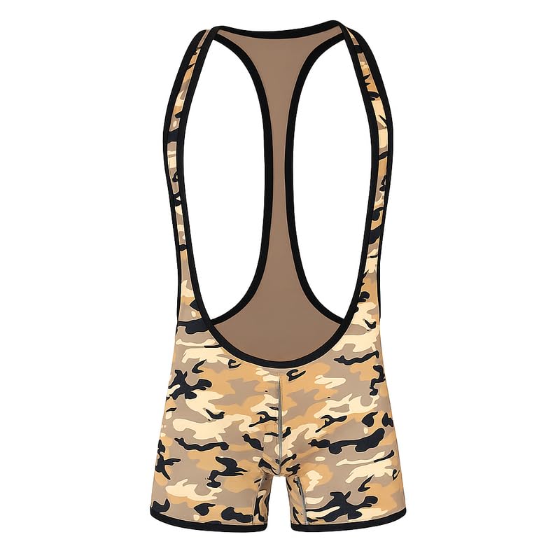 Men's Lingerie One-Piece Suit | Backless Camouflage Jumpsuit Underwear for Adult Men | Polyester Leotard Nightwear | Size M, Yellow