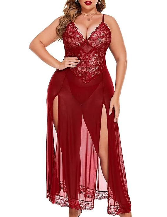 skmodel stylish Women Lingerie Lace Babydoll High Split Maxi Long Gown V Neck Mesh Sleepwear Babydoll Lingerie/First Night/Anniversary Bridal Nightdress-picture-35