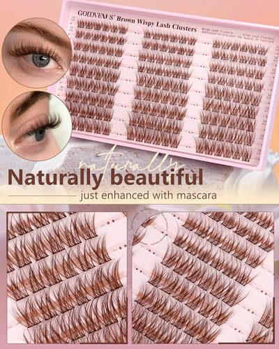 Image of Goddvenus Brown Wispy Lash Clusters Kit Natural Cluster Eyelash Extensions Kit False Eyelashes Clusters Fluffy DIY Individual Lash Extensions Kit C Curl