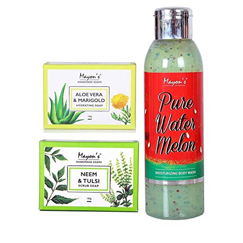 Mayons Pharma Handmade Aloe Vera Marigold Hydrating Soap & Neem and Tulsi Scrub Soap-100gm Each & Pure Watermelon Moisturizing Body Wash-250ml (Pack of 3)
