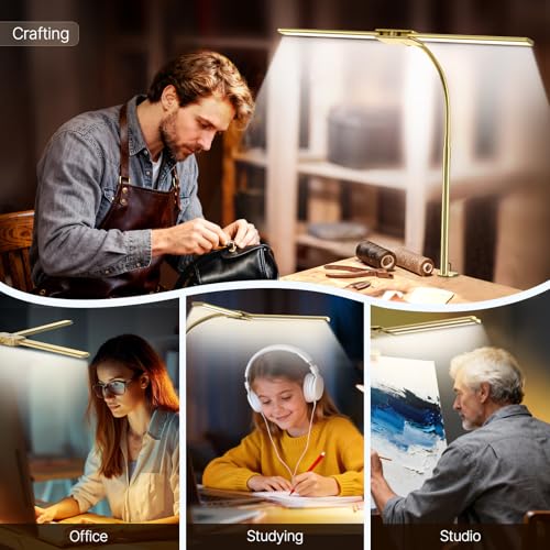 Image of Syrinx LED Desk Lamp for Office Home, Dual Head Eye-Care Architect Table Lamp, Gesture /Wired Control, Flexible Neck, Bright Desk Light with Memory /Timer, 50 Lighting Modes for Study, Drafting, Gold