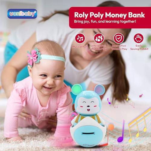 Image of Uonibaby by StarAndDaisy Musical Bunny Piggy Bank Toy for Baby /Kids , Roly Poly Self-Balancing Coin Bank , Baby Money Saving Box with Opener, Fun Piggy Bank Gift for Toddlers - Bunny