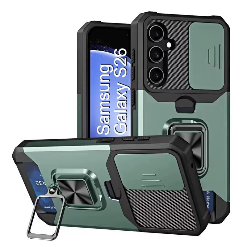 Image of LuxuryKase Shockproof Armor Case for Samsung Galaxy S26 | Slide Camera Cover | Hidden Card Slot | Rotating Ring Kickstand | Magnetic Car Mount Support | Military Grade Protection - Green