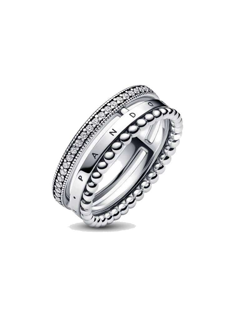 Pandora Signature Logo Pavé & Beads sterling silver ring with clear cubic zirconia, 48