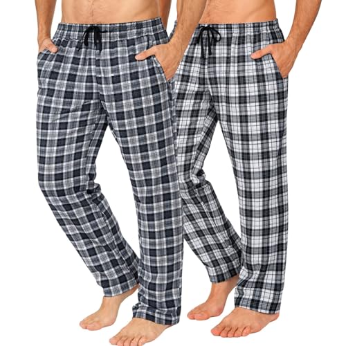 Mens Long Lounge Wear Pants Nightwear (Two Pack) Pyjama Bottoms Sleepwear (Black/Grey Check Small)
