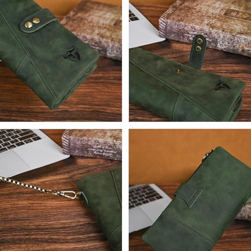 Image of Genuine Crazy Horse Leather Travel Gift Coin Pocket Card Case Long Organizer Chain Rfid Wallet Purse With Snap For Men Male 1803 1815 (1803 The Green2)
