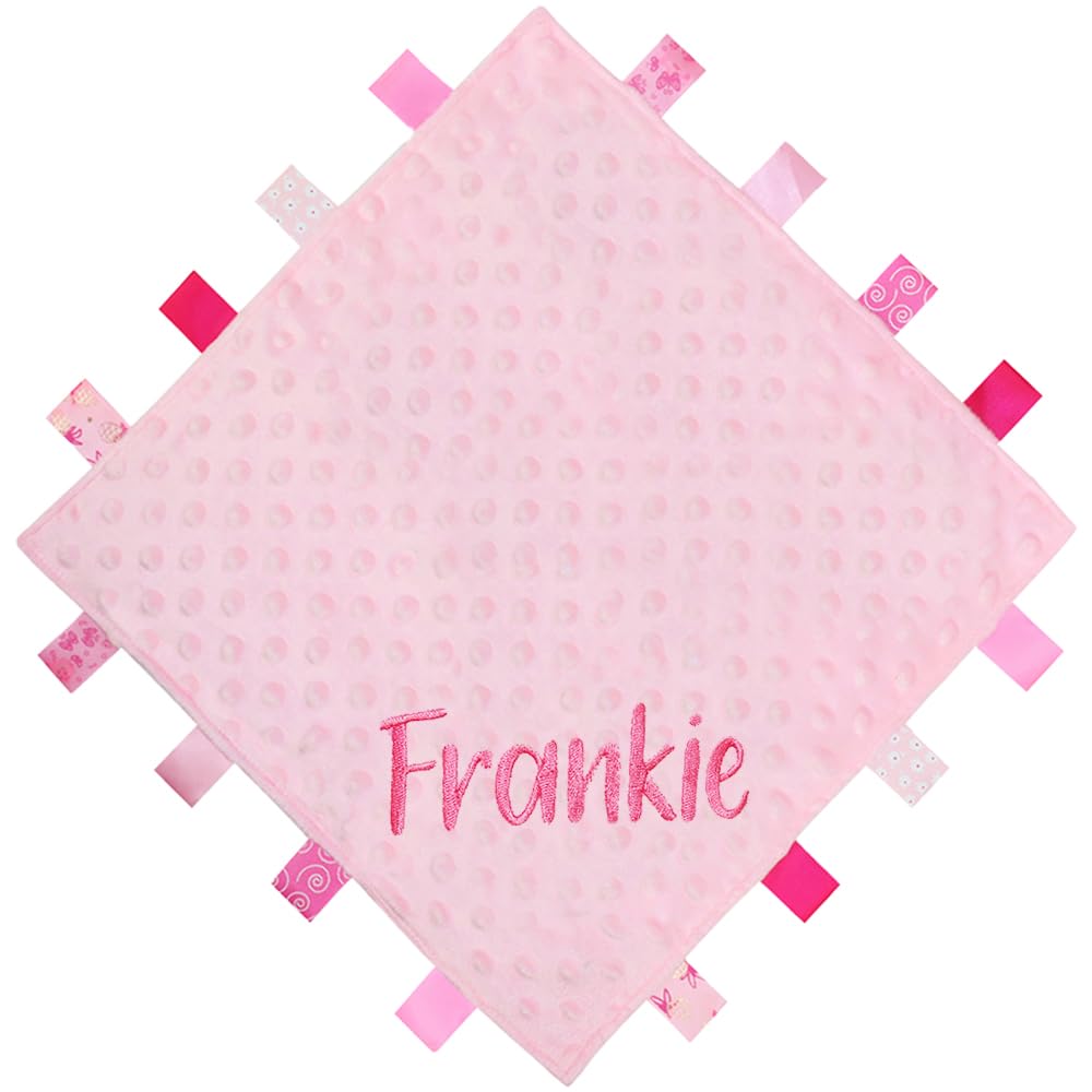 TeddyT's Personalised Baby Name Embroidered Ribbon Taggy Blanket Comforter in Blue, Pink, Grey or White with Satin Lining (Baby Pink)
