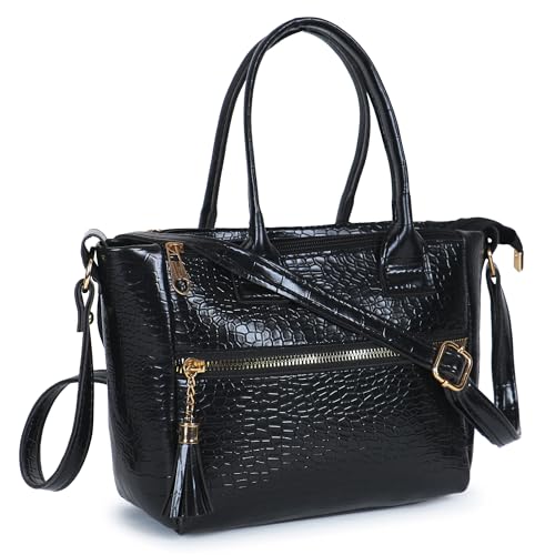 Image of Croco Pattern Premium Synthetic Leather Handbag For Women Top Handle Shoulder Bag Adjustable & Detachable Sling Strap Stylish Handbag For Ladies (Tan) (Black) | Chic Croc Texture, Dual Carry Style, Rich Tan Finish, Spacious Interior, Secure Zip Closure, Adjustable Strap