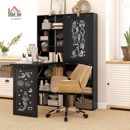 Homcom Scrivania Con Libreria E Lavagna, Scrivania Salvaspazio Con Piano Pieghevole In Legno Di Pino, Tavolo Da Lavoro Con Ripiani Regolabili, Per Cameretta, Studio, Ufficio, 98X51X153 Cm, Nero - 2