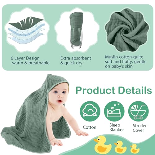 Image of Peryiter 4 Pcs Muslin Hooded Baby Towels, 32 inchx 32 inch Cotton Newborn Bath Towel Muslin Infant Baby Blankets Absorbent Unisex Newborn Registry Gift Essentials for Girls Boys (Green,Gray,Brown,Blue)