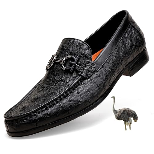 Black Casual Men's Genuine Leather Penny Loafers, Premium Ostrich Patterned Buckle Dress Loafer Shoes Slip on Wedding Party Loafer for Mens