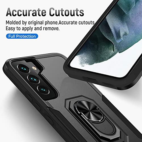 Samsung Galaxy S22 Case With Screen Protector Tempered Glass [Not For S22+] ,Heavy Duty Shockproof Full Body Phone Cover[Dual Layer][Hard Pc Back],Built In Finger Ring Stable Kickstand,2022 Black #TOP5