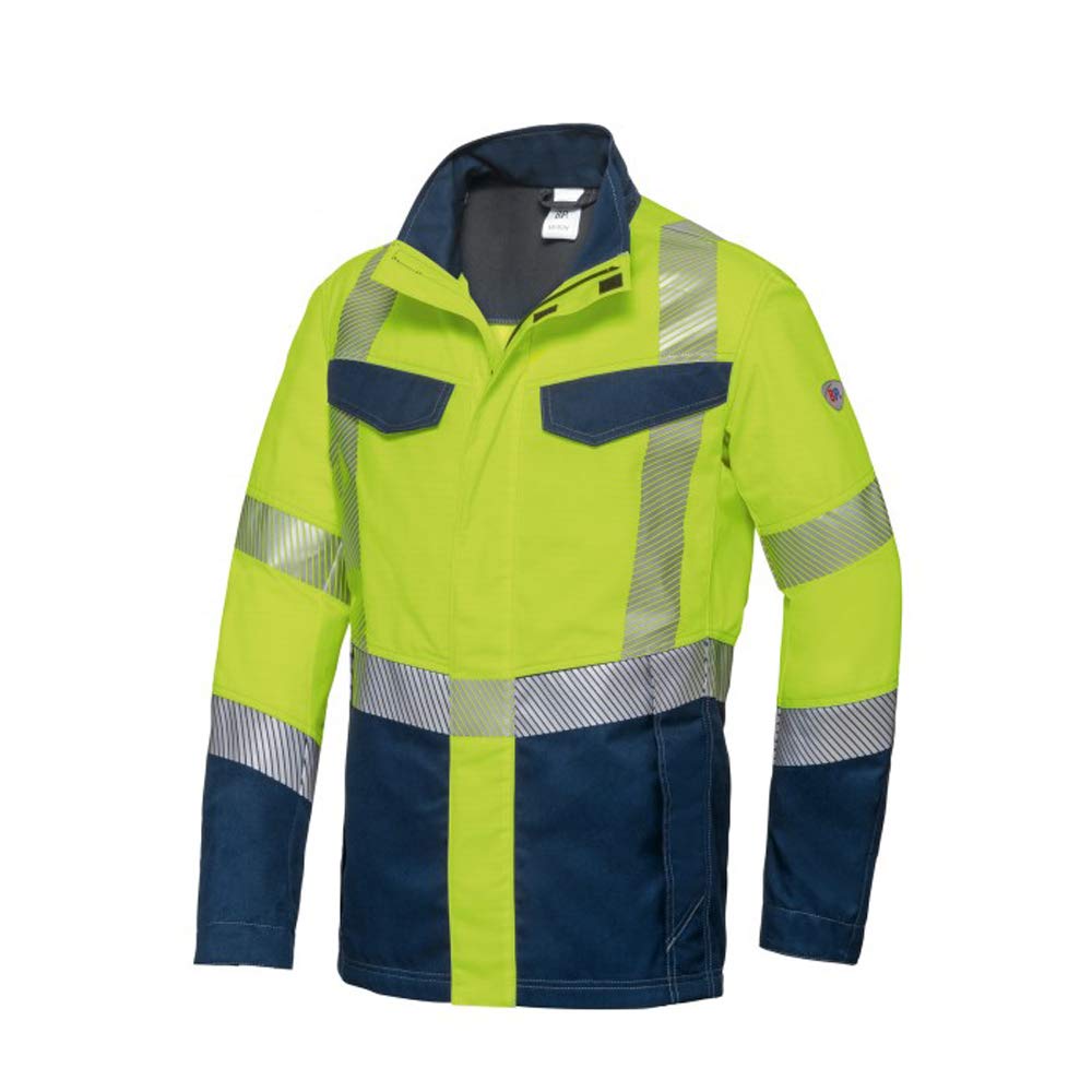 BP 2238-590-6614-48/50l Work Jacket for Men, Stand-Up Collar, Concealed Zip and Press Stud Band, Warning Yellow/Midnight Blue, 48/50L