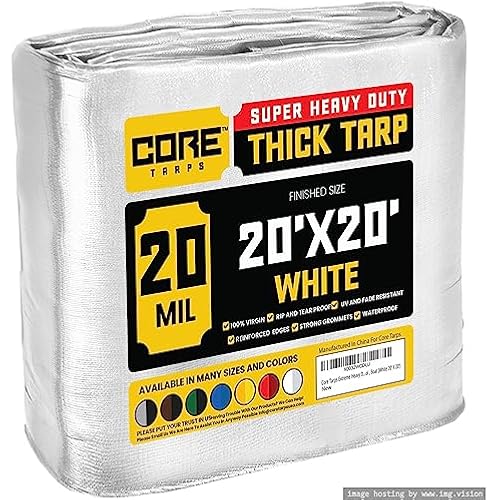 Core Tarps Extreme Heavy Duty 20 Mil Tarp Cover, Waterproof, UV Resistant, Rip and Tear Proof, Poly Tarpaulin with Reinforced Edges for Roof, Patio, Pool, Boat (White 20′ X 20′)