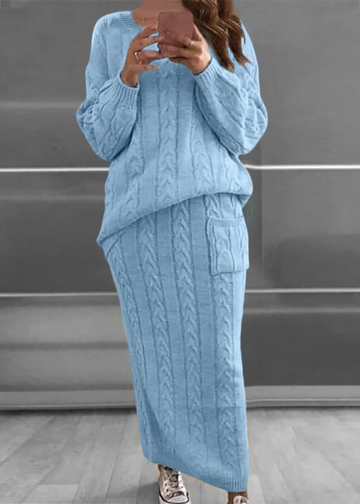 ORANDESIGNE Robe en Tricot Femme Ensemble 2 Pièces Pull à Col Rond et Tricoté Jupe Longue Crayon Tricoté Automne Hiver Ensembles de Jupe 2 Pièces