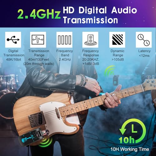 Kabelloses Gitarrensystem, 2,4GHz Kabelloses Gitarrensystem mit 8 Kanälen Wiederaufladbarer Audio Drahtlos Sender Empfänger für Gitarre Bass Elektrische Instrumente, 48K/16bit, Black