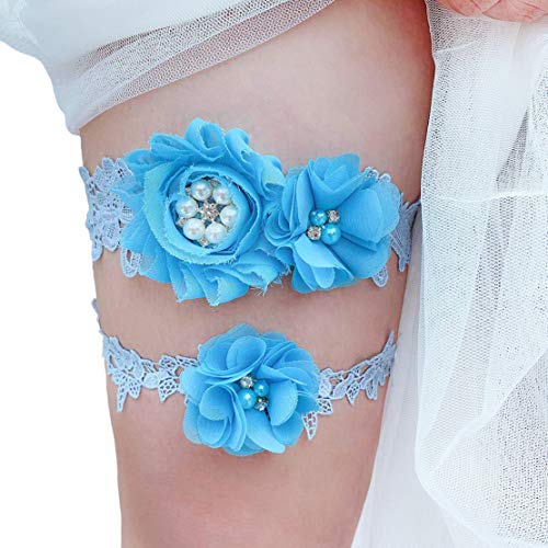 Elifemona Womens Sexy Lace Wedding Garter Set for Bride Party Prom Garters 2 Pcs, 3-blue, One Size