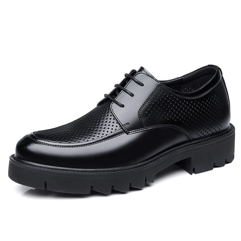 Men's Shiny Patent Leather Oxford Shoes Perforated Fashion Slip-On Round Anti-Slip Mid Chunky Heels Formal Dress Loafers Low Top Work Dress Shoes