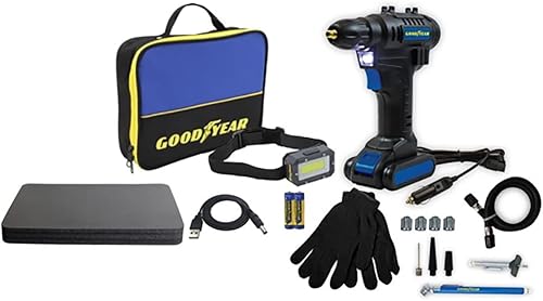 Goodyear Kit de mantenimiento de neumáticos recargable GY3197 Inflador de neumáticos Compresor de aire portátil 12V Kit de emergencia en carretera
