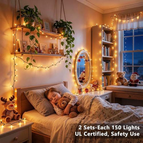 Image of BrizLabs Gold Christmas Lights Outdoor 300 Count 69.6ft Incandescent Christmas Lights Connectable Warm Glow Light String UL Certified Xmas Mini Light Green Wire for Indoor Outdoor Tree Holiday Party