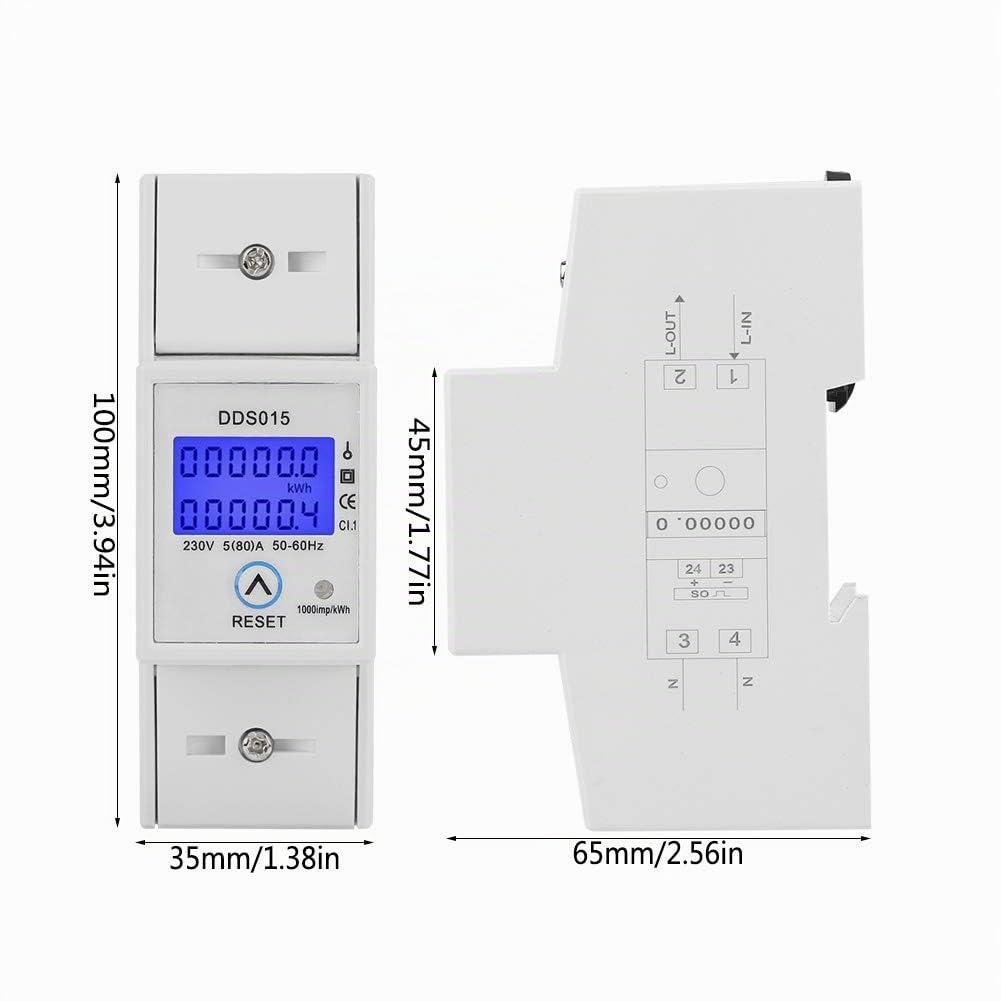 Jadeshay Contador Electrico Monofásico DDS015 Medidor de Consumo Electrico 5-80A 230V 50Hz con Pantalla LCD Retroiluminada Reiniciable Montaje en Carril DIN