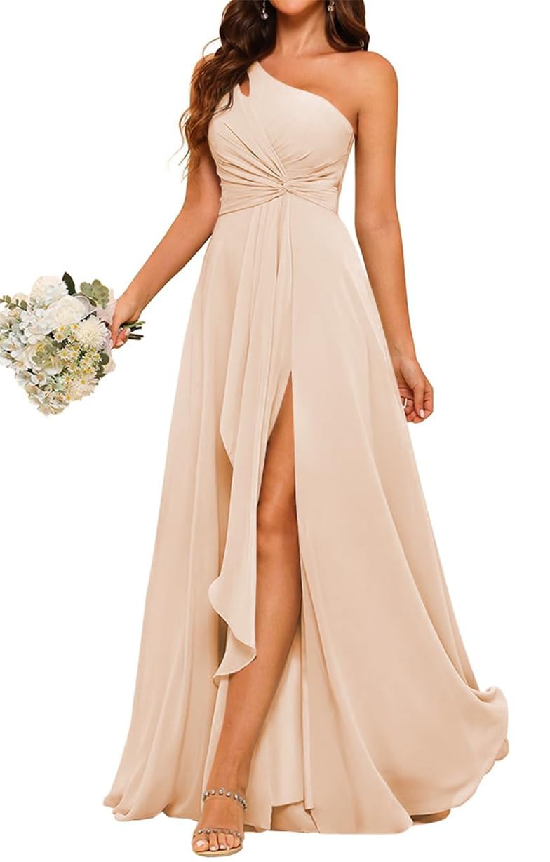 AHERKLL Ruffles Satin Bridesmaid Dresses One Shoulder Party Prom Evening Gowns with Slit Maid of Honor Gown AH116 Peach UK20