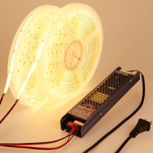 BENLUN 24V COB LED Strip Light Outdoor Waterproof 65.6ft (2 Rolls of 32.8ft), 3000K Warm White 11W/M 312LEDs/M CRI 93 LED Tape Light with Power Supply for Bedroom Courtyard Living Room Ceiling